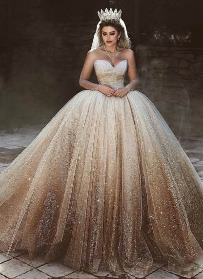 New Arrival Tulle Floor-Length Wedding Dresses UK Scoop Neckline Long Sleeves Bridal Dresses with Sequins-27Dress.co.uk