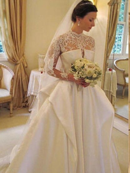Satin Lace Ball Gown Long Sleeves High Neck Wedding Dresses UK