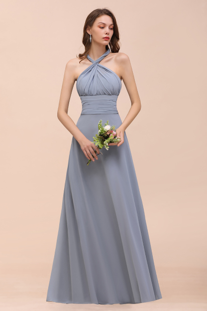 Elegant Dusty Blue Chiffon Long Bridesmaid Dress