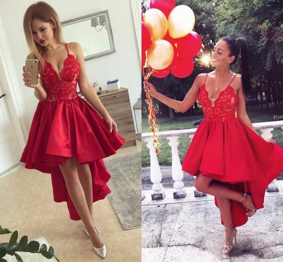Cute Red High-low A-line Lace V-neck Homecoming Dress UK BA6902-27Dress.co.uk