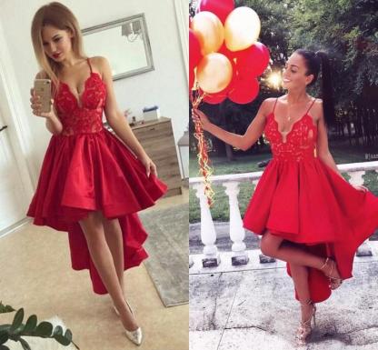 Cute Red High-low A-line Lace V-neck Homecoming Dress UK BA6902-27Dress.co.uk