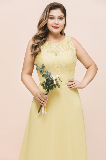 Plus Size Daffodil Crew Neck Lace Bridemaid Dress Sleeveless