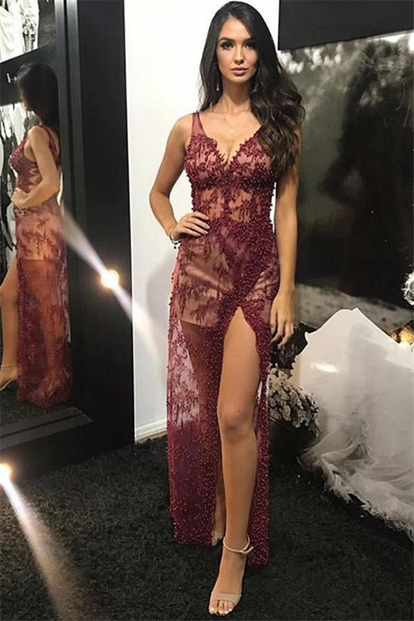 Trendy Burgundy Maroon Straps Alluring V-Neck Lace Beading Side-Split Tulle Detachable A-Line Evening Dress UK UK