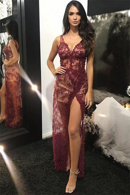Trendy Burgundy Maroon Straps Alluring V-Neck Lace Beading Side-Split Tulle Detachable A-Line Evening Dress UK UK