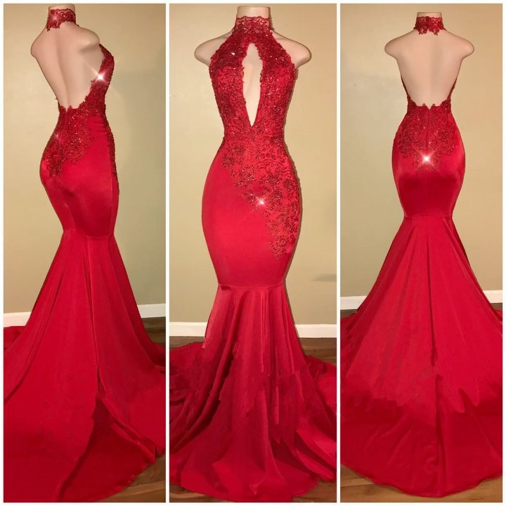 Elegant Halter Mermaid Prom Dress UK Long With Lace Appliques BA7768