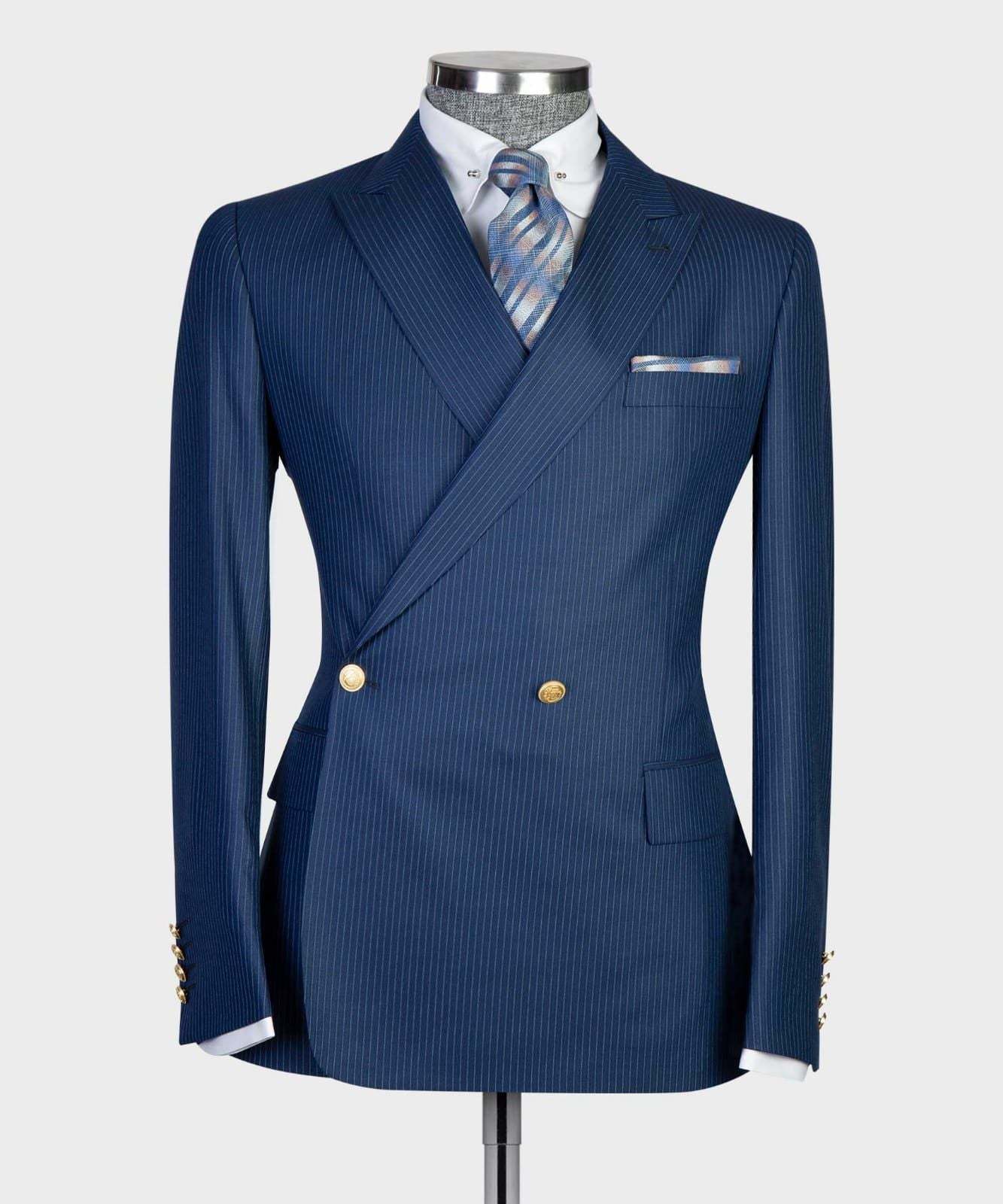 Navy Blue Peaked Lapel Double-Breasted 2-Piece Men's Suit