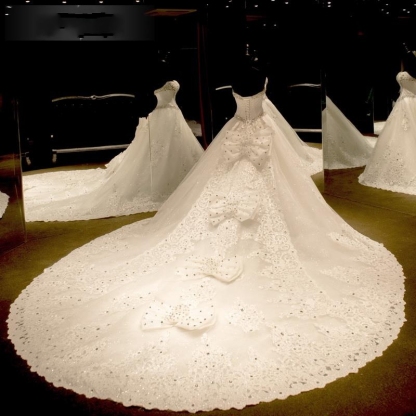 Glamorous Ball Gown Wedding Dresses UK Sweetheart Neck Crystals Lace-up Back Cathedral Train Bridal Gowns
