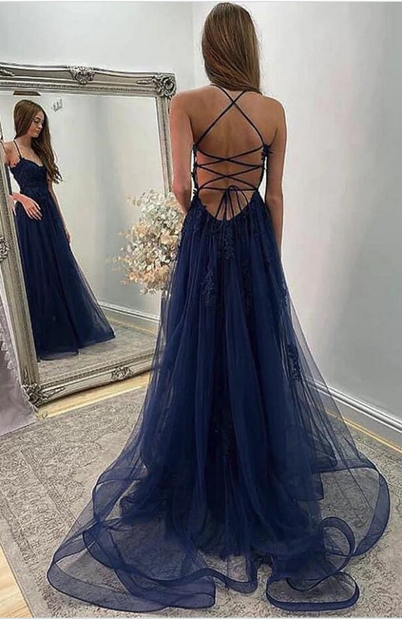 Sexy Halter Navy Blue Tulle Lace Evening Party Dress Side Split Prom Dress-27Dress.co.uk
