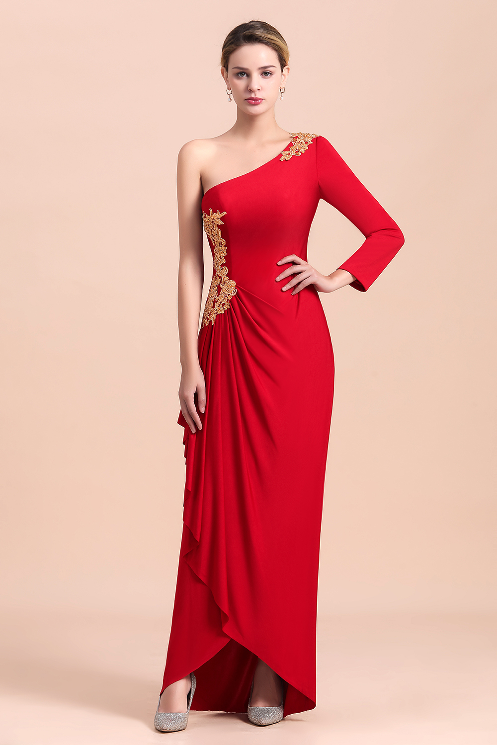 One-Shoulder Long Sleeves Ruffle Mother of Bride Dresses with Gold Appliques