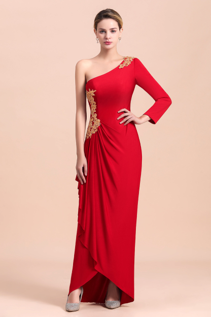 One-Shoulder Long Sleeves Ruffle Mother of Bride Dresses with Gold Appliques