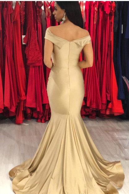 Elegant Off-the-shoulder Draped Satin Long Mermaid Prom Dresses
