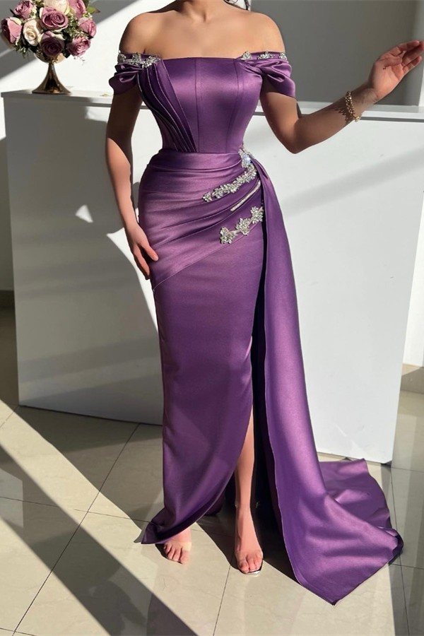 Gorgeous Long Mermaid Off the Shoulder Satin Prom Dress with Train