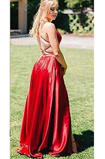 Sexy Red Halter Lace-Up Prom Dress UKes UK Sleeveless Evening Dress UKes UK with Pocket
