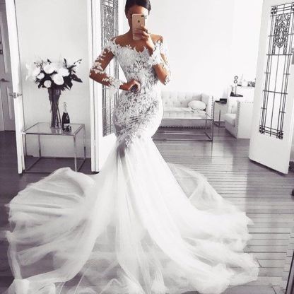 Elegant Off Shoulder Wedding Dresses UK | Long Sleeves Sexy Mermaid Lace Bridal Gowns-27Dress.co.uk