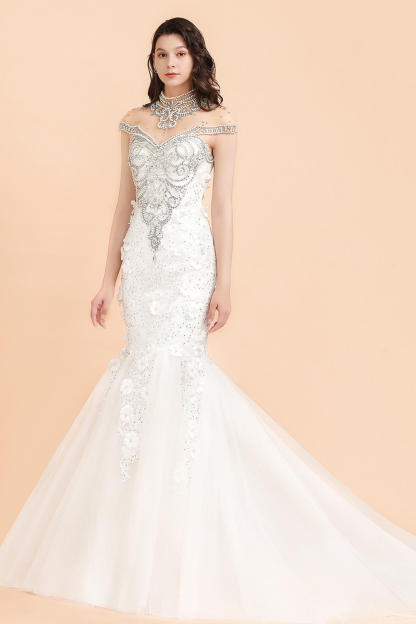 Luxurious High neck Mermaid Silver Beaded White Wedding Dress