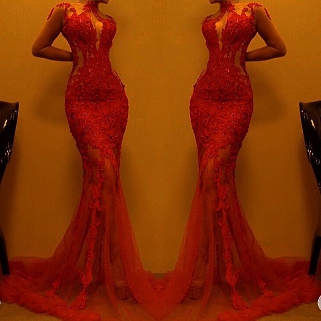 Charming Red Mermaid Evening Dress UK | Long Sleeves High Neck Lace Prom Dress UK