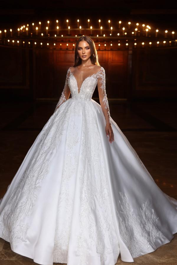 Sweetheart Lace Sleeves A-Line Ruched Satin Long Wedding Dress-27Dress.co.uk