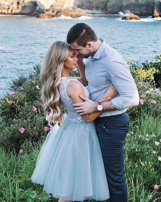 Smoky Blue Fluffy Tulle Chic Lace Party Dresses | Sleeveless Cheap Short Evening Dress