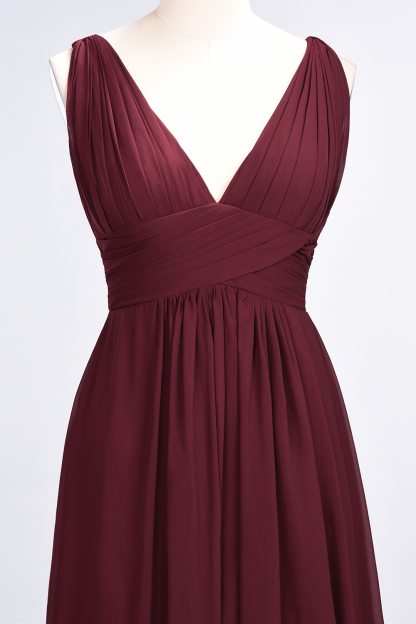 A-Line Chiffon V-Neck Sleeveless Long Bridesmaid Dress UK with Ruffle