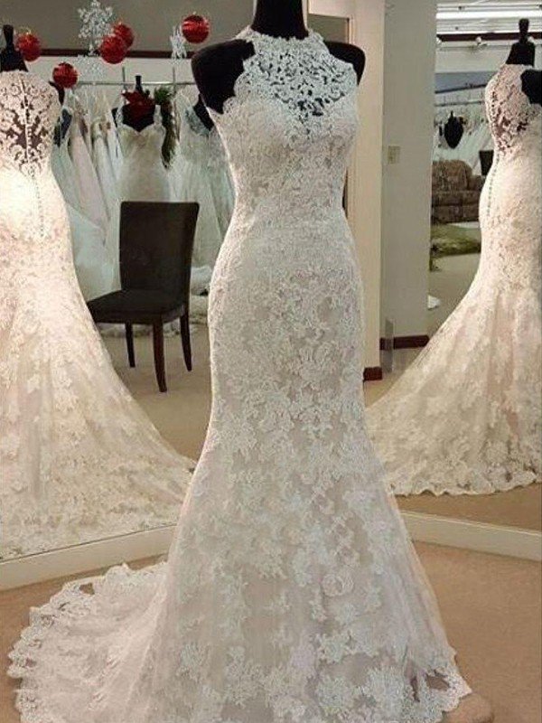 Applique Lace Sheath Sleeveless Scoop Neckline Sweep Train Wedding Dresses UK