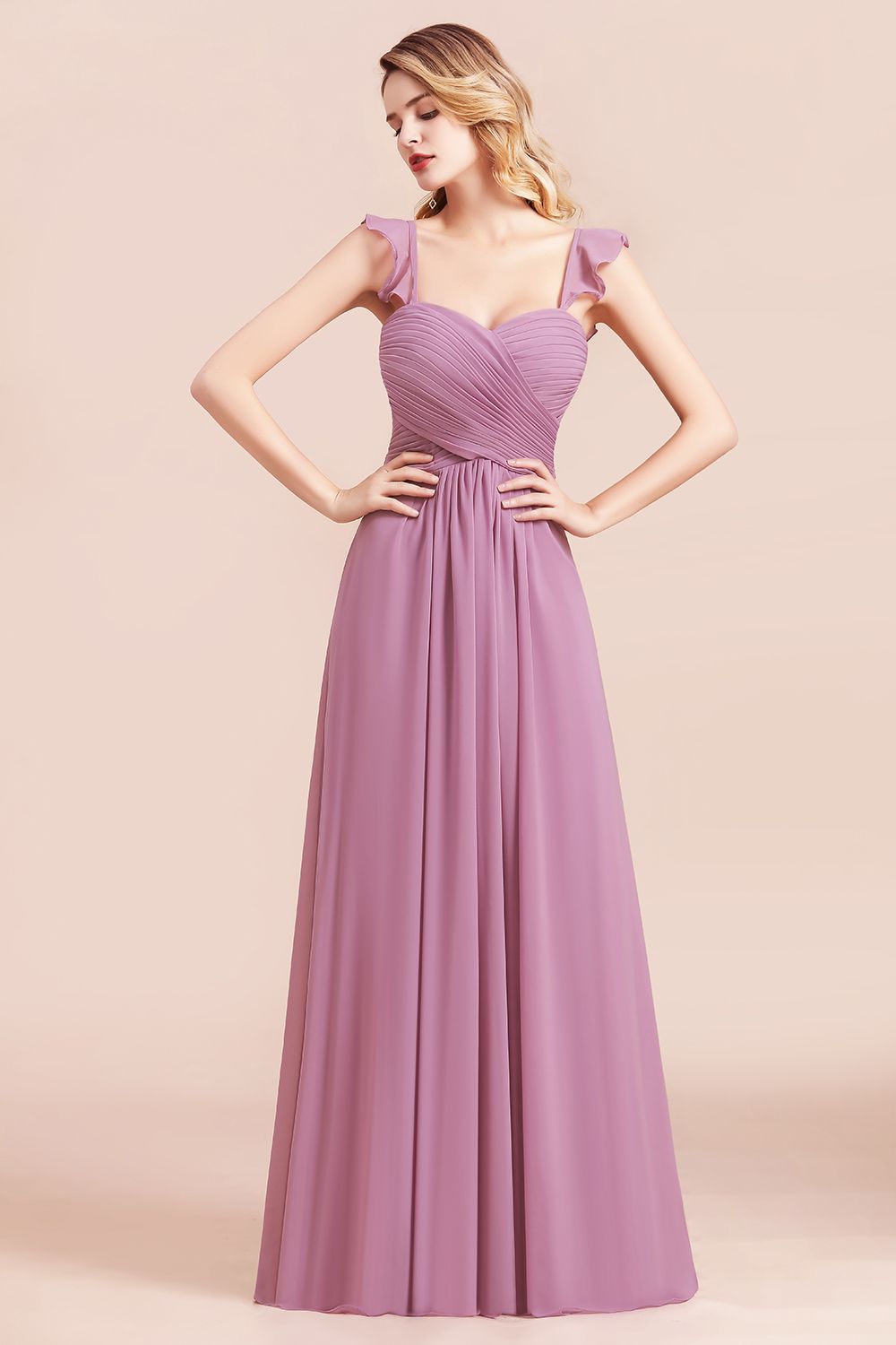 Sweetheart Wisteria Ruched Chiffon Bridesmaid Dresses with Straps