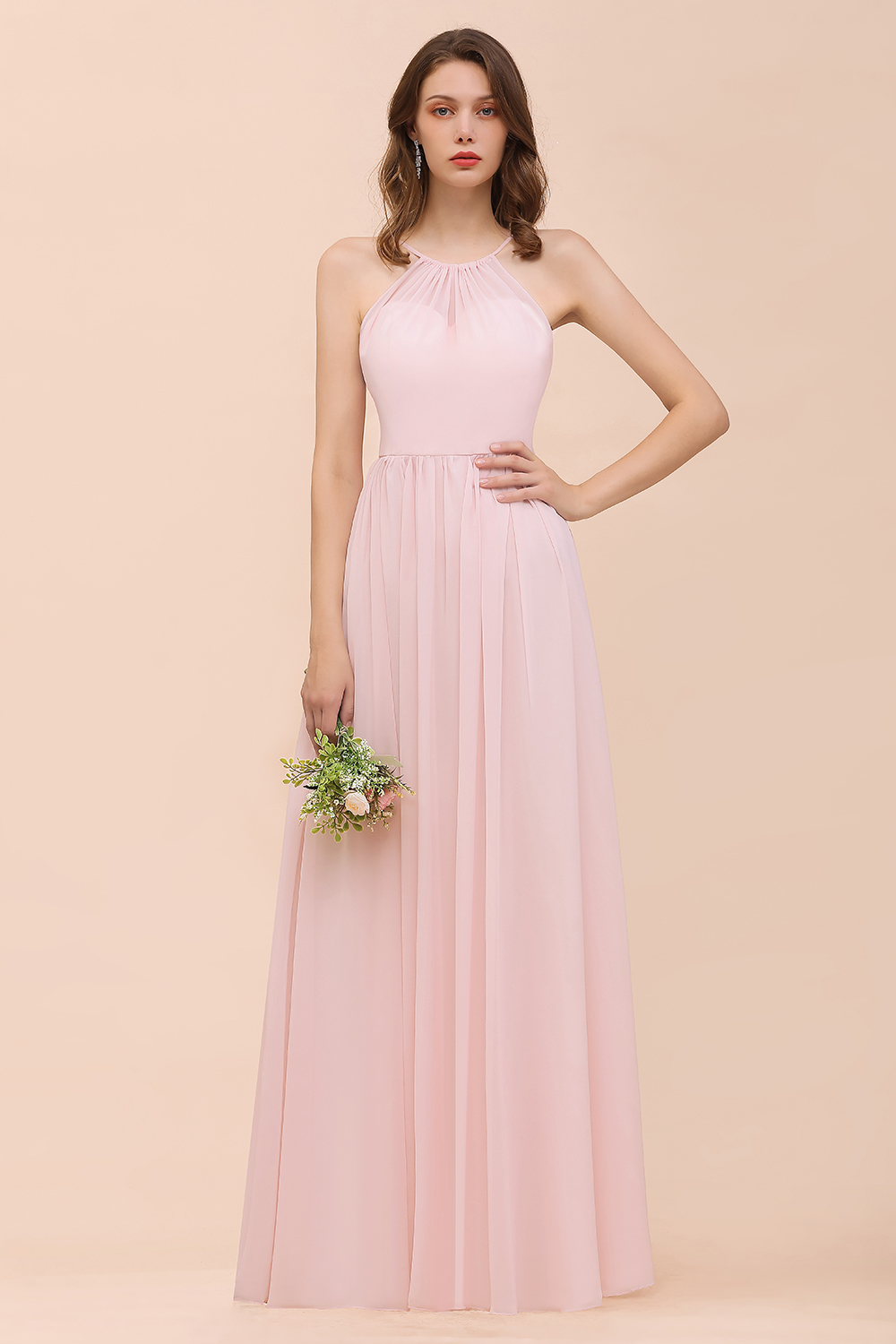 Halter Pink Bridesmaid Dress Simple Chiffon Long Wedding Guest Dress