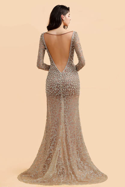 Glamorous Mermaid Long Sleeves Long Prom Dress with Pearls