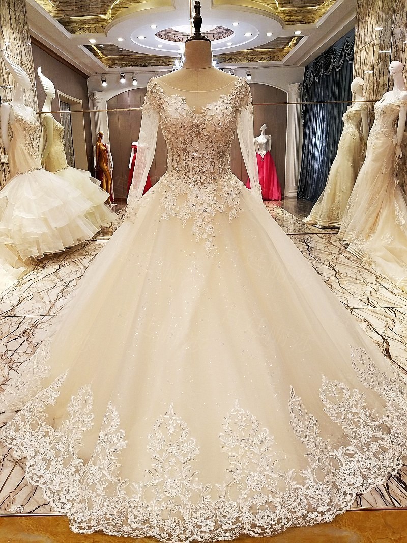 Ball Gown Long Sleeves Appliques Tulle Lace-up Wedding Dresses UK