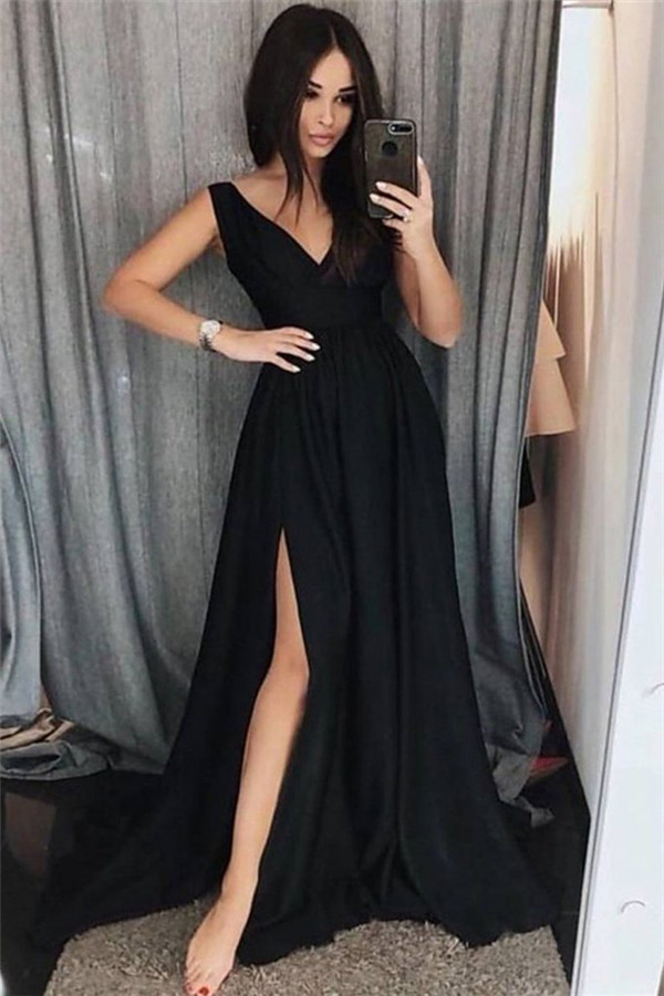 Black Elegant V-Neck Prom Dress UKes UK Side slit Sleeveless Evening Dress UKes UK