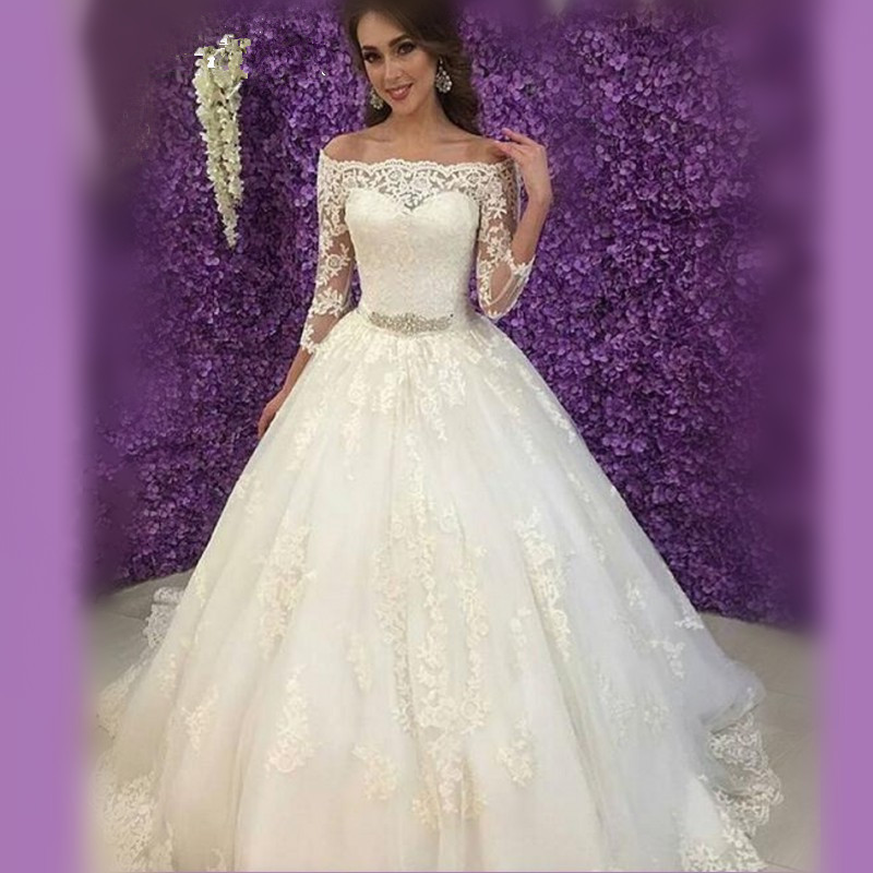 Princess Off-the-Shoulder Long Sleeve Wedding Dress Lace Tulle