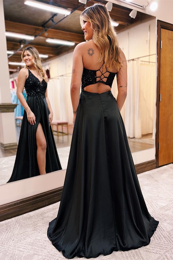 Glitter Sequins V-Neck A-line Evening Dress with Side Split
