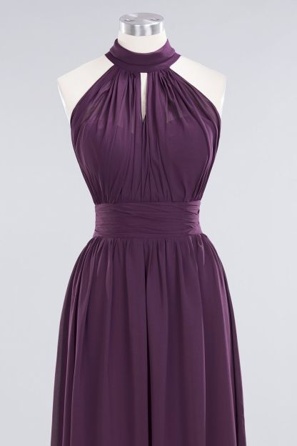 Gorgeous Grape Halter Long Bridesmaid Dress Ruffle Chiffon Wedding Guest Dress