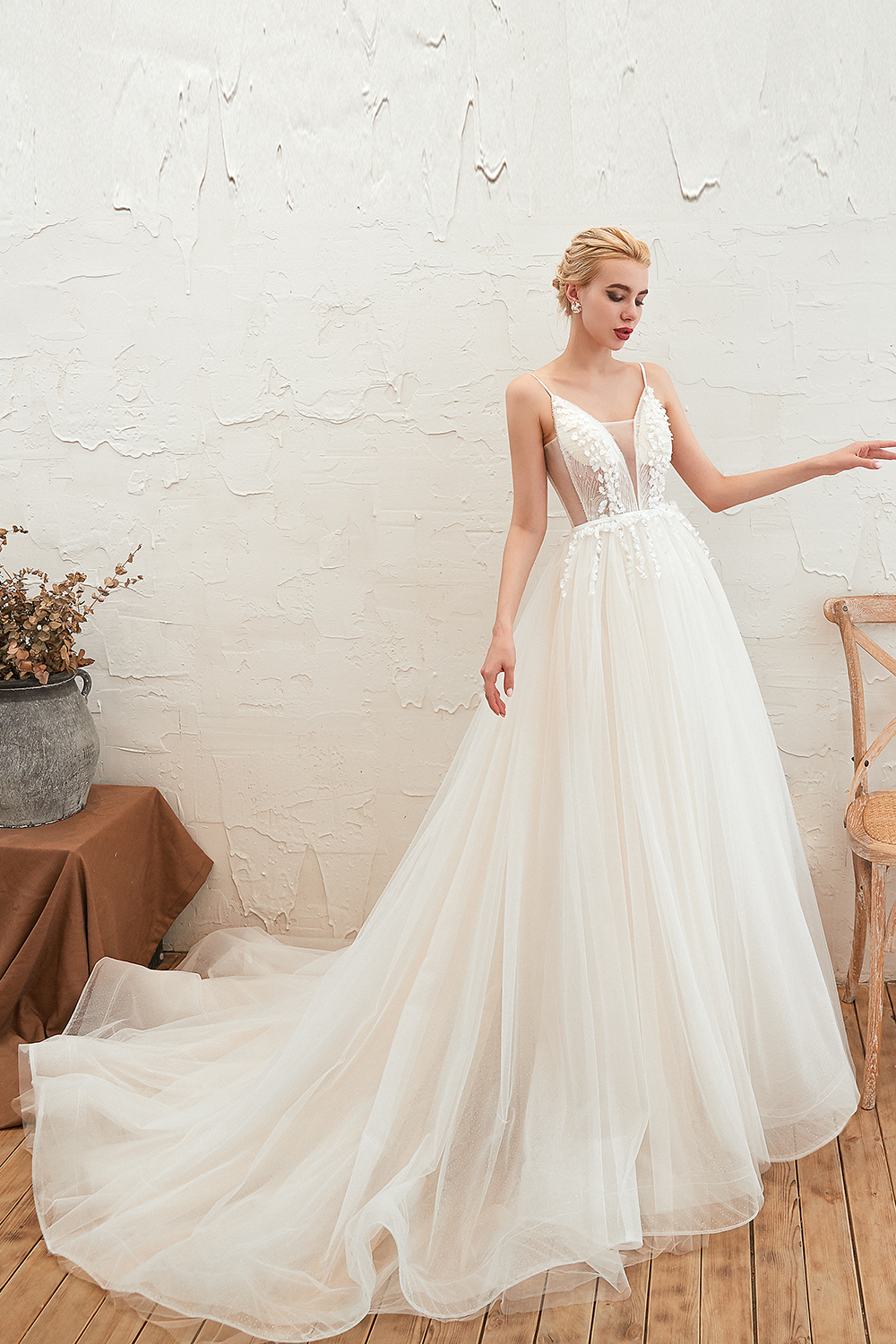 Spaghetti Straps Plunging V-neck Wedding Dress