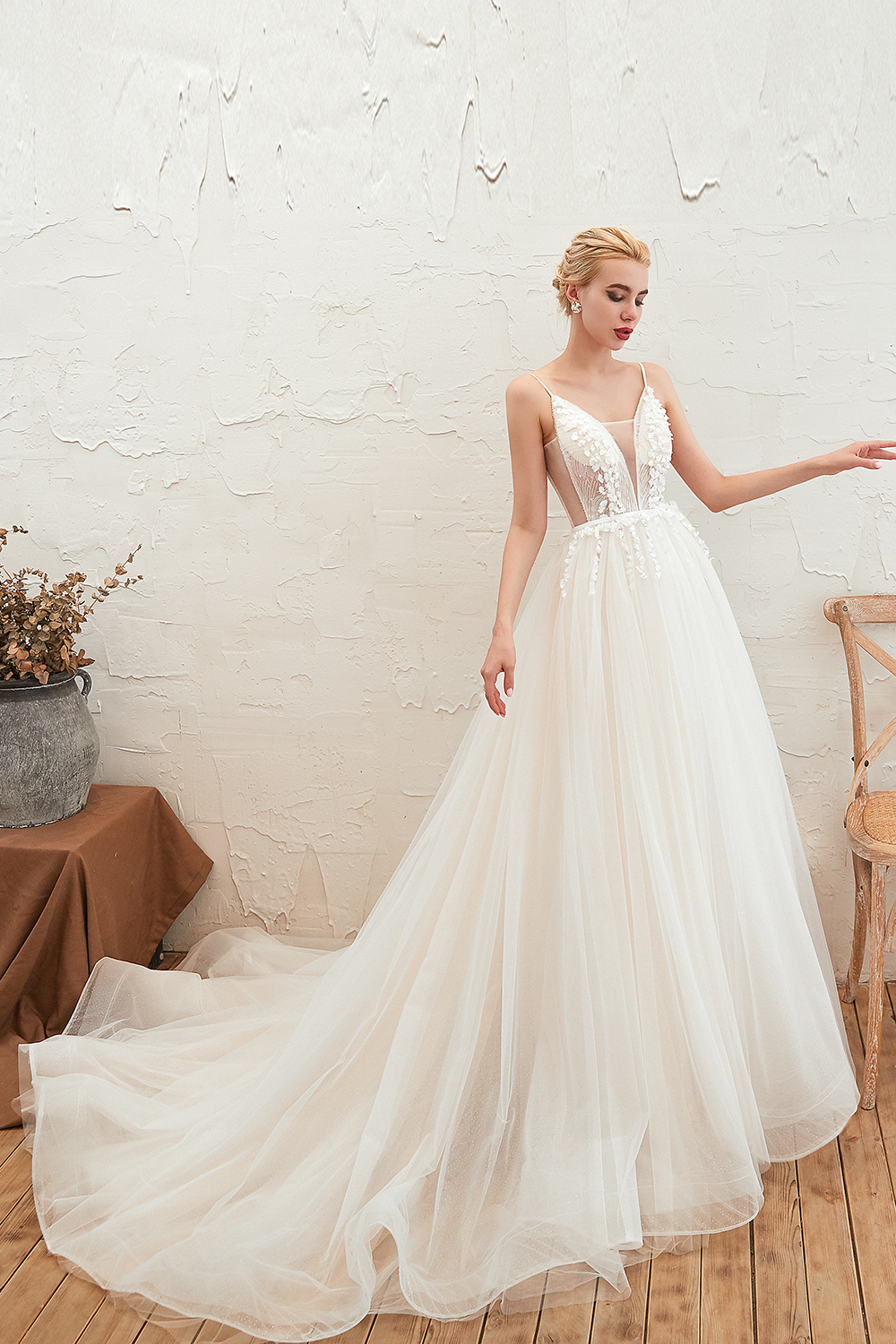 Spaghetti Straps Plunging V-neck Wedding Dress