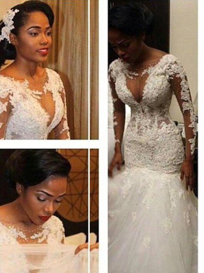 Lace Tulle Floor-Length Sexy Mermaid V-Neck Long Sleeves Wedding Dresses UK
