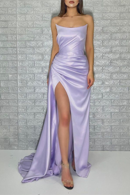 Chic Purple Sleeveless Strapless Mermaid Pleated Long Prom Dress With Split