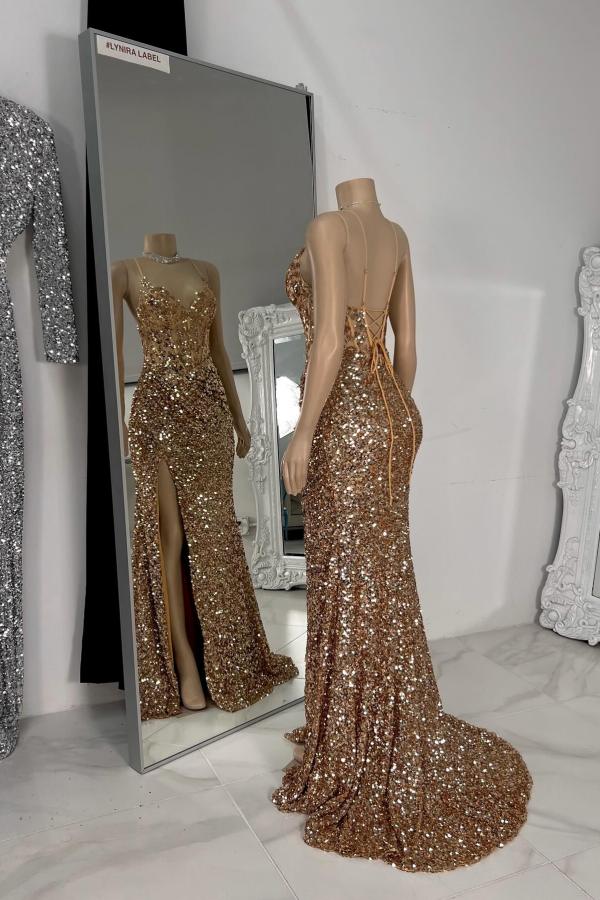Charming Sleeveless Glitter Sequins Mermaid Prom Dress Spaghetti Straps V-Neck Side Split Party Wear Dress-27Dress.co.uk