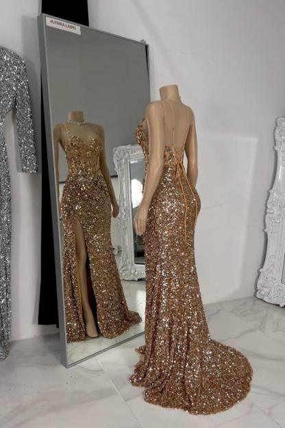 Charming Sleeveless Glitter Sequins Mermaid Prom Dress Spaghetti Straps V-Neck Side Split Party Wear Dress-27Dress.co.uk