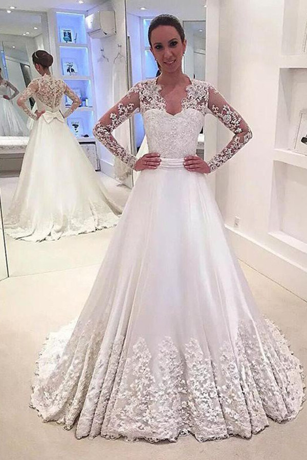 V-Neck Satin A-Line Sweep Train Long Sleeves Wedding Dresses UK-27Dress.co.uk