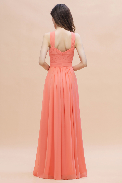 Halter Coral Long Bridesmaid Dress Ruched Chiffon Side Slit Wedding Guest Dress