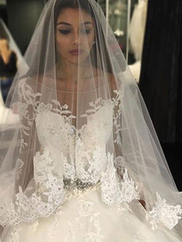 Lace Tulle Cathedral Train Applique Scoop Neckline Long Sleeves Ball Gown Wedding Dresses UK