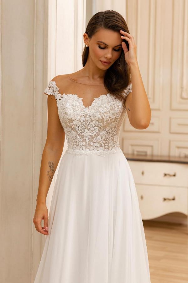 White Off Shoulder Lace Wedding Dress Aline Chiffon Floor Length Dress