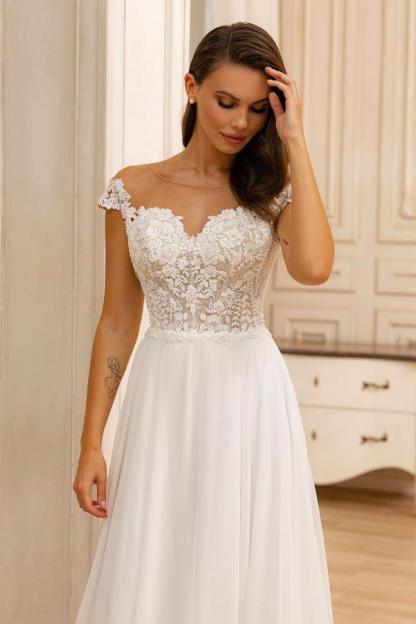 White Off Shoulder Lace Wedding Dress Aline Chiffon Floor Length Dress