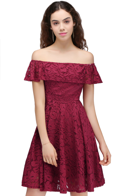 Sheath Burgundy Lace Short Off-the-Shoulder Homecoming Dress UKes UK