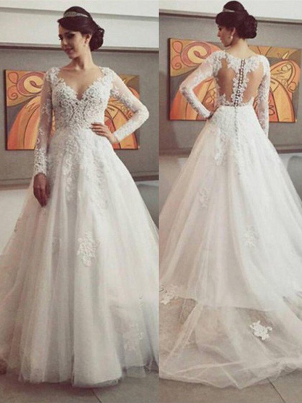 Court Train Tulle Ball Gown V-neck Long Sleeves Lace Wedding Dresses UK