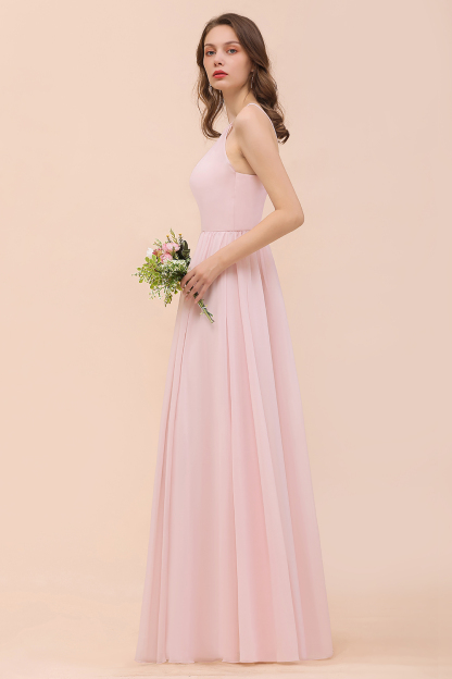 Halter Pink Bridesmaid Dress Simple Chiffon Long Wedding Guest Dress