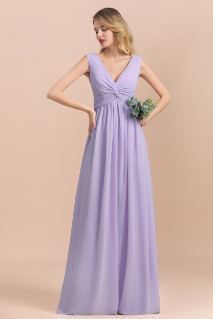 Chic Lilac A-line Chiffon Bridesmaid Dress Sleeveless V-Neck Long Wedding Guest Dress