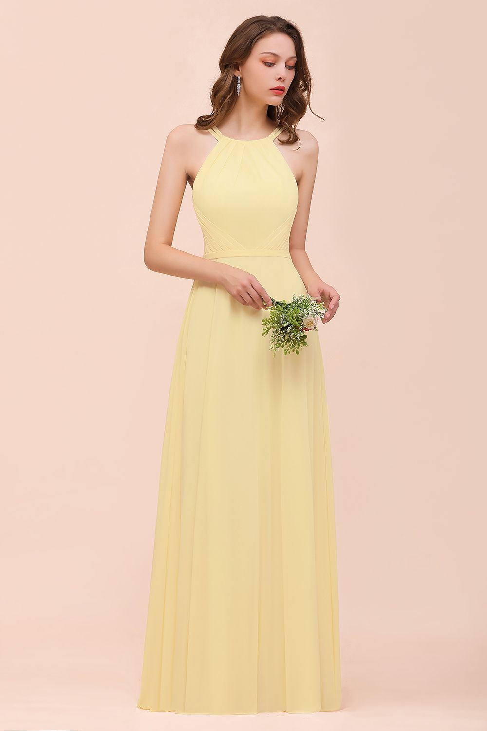 Stylish Halter Daffodil Chiffon Sleeveless Long Bridesmaid Dress