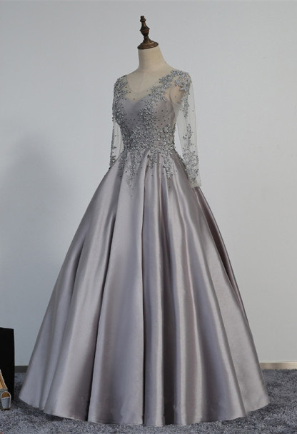 Modest Lace-Appliques Long-Sleeve Beading A-line Prom Dress UK