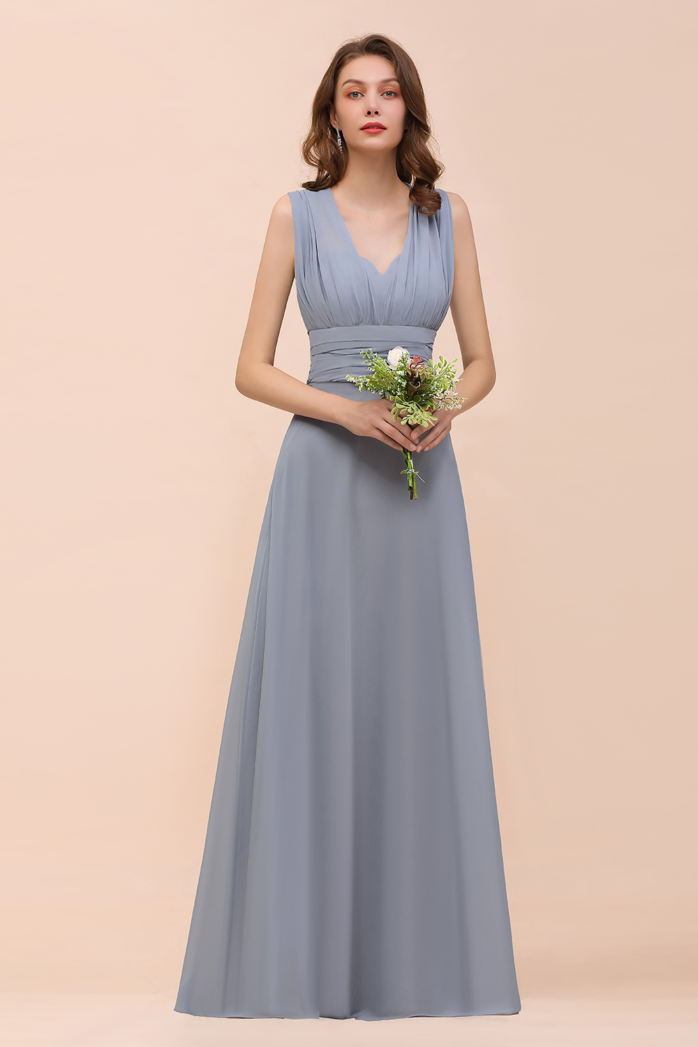 Elegant Dusty Blue Chiffon Long Bridesmaid Dress